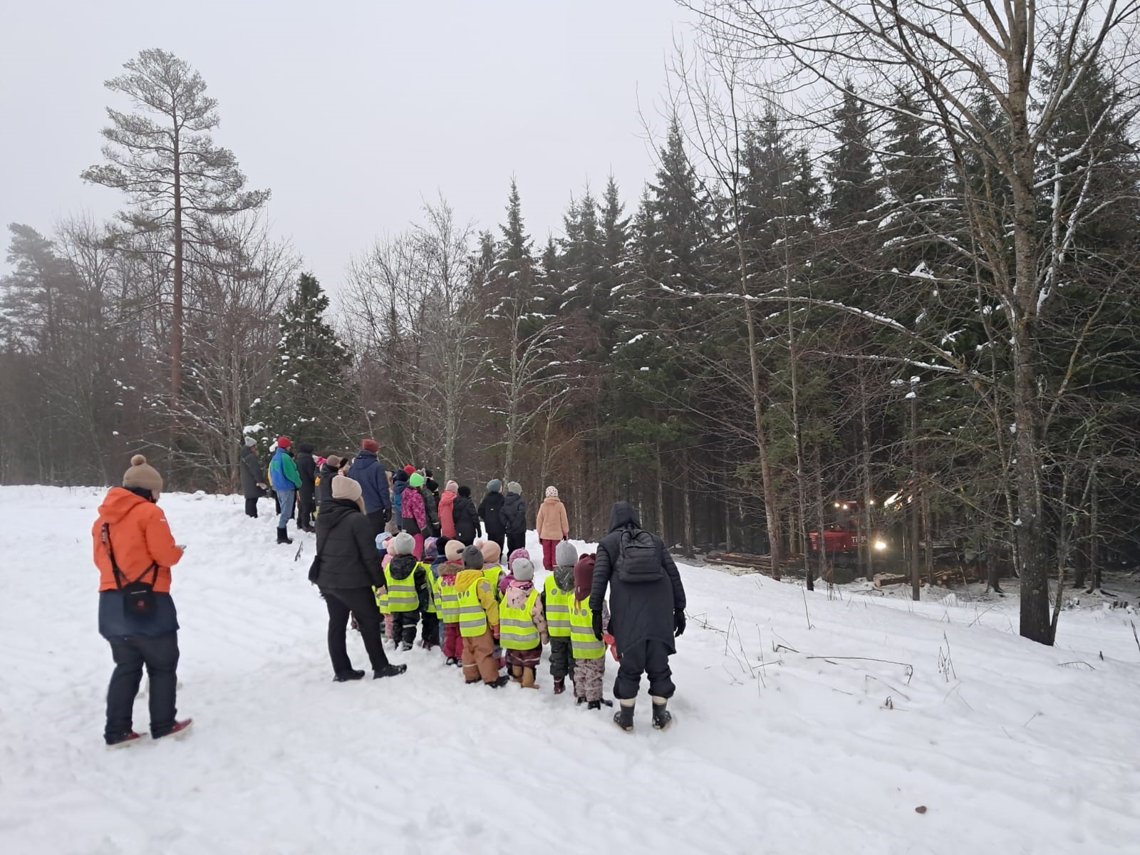 Lapset katsovat metsätyökonetta, joka tekee hakkuutyötä