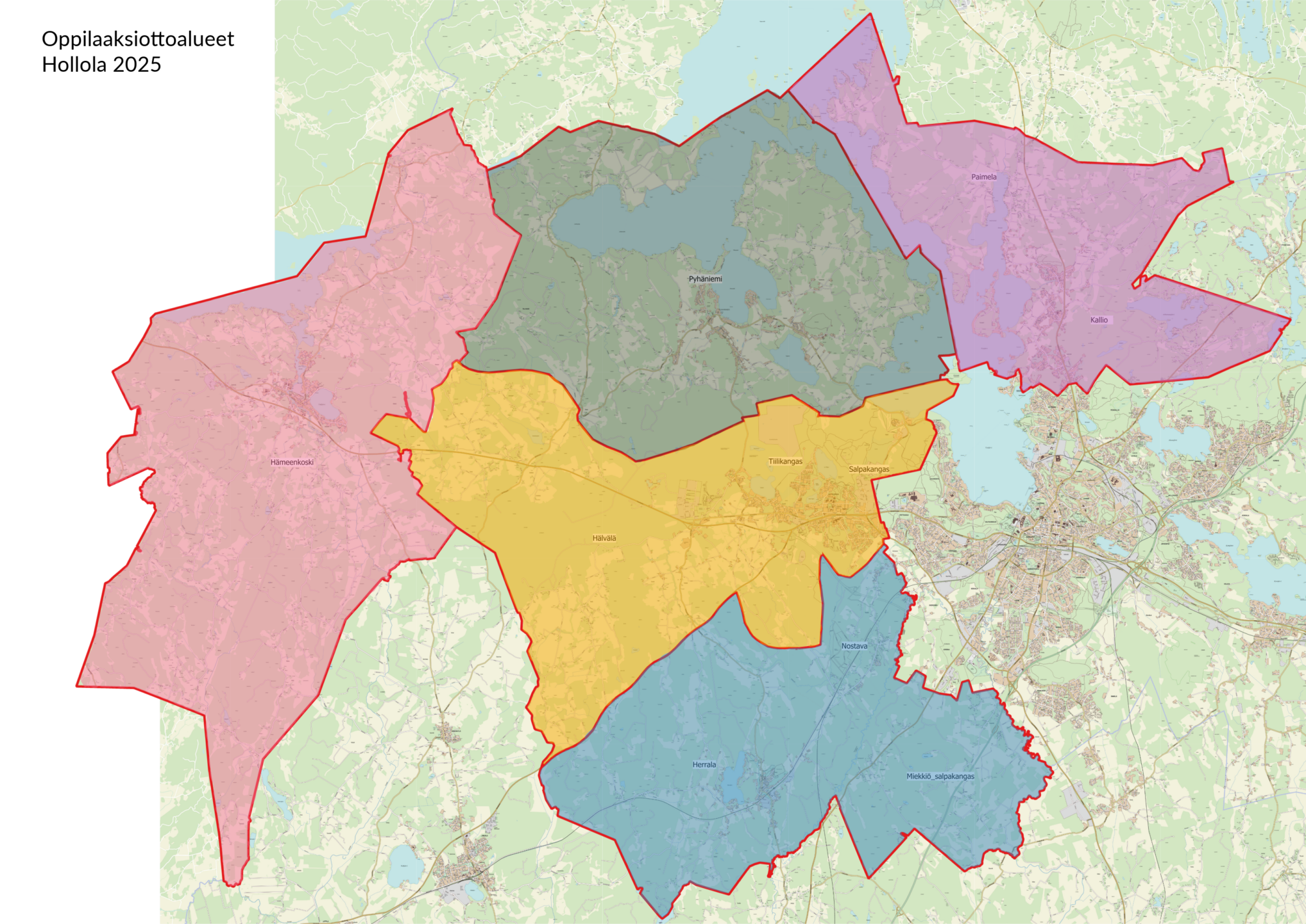 Oppilaaksiottoalueet ovat 1) Vesikansa (Kalliola ja Paimela), 2) Pyhäniemi-Kirkonkylä, 3) Hämeenkoski, 4) Etelä-Hollola (Nostava ja Herrala) ja 5) Salpakangas (Heinsuo, Salpakankaan koulu, Tiilikangas, Hälvälä)