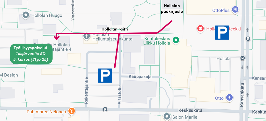 Kuvankaappaus Google Mapsin ohjeista Hollolan työllisyys- ja kotoutumispalveluihin