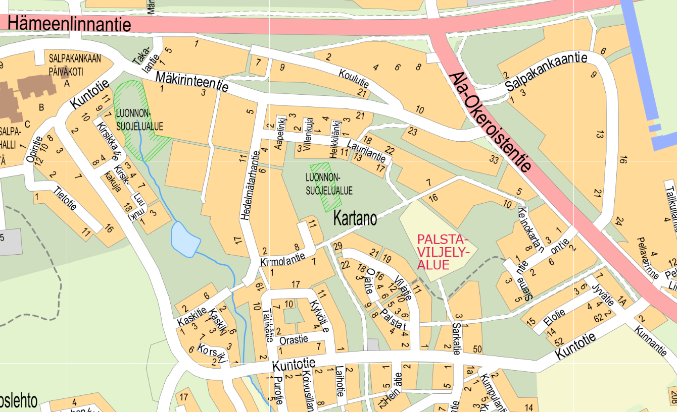 Karttakuva monivuotisten Kartanon viljelypalstojen sijainnista.
