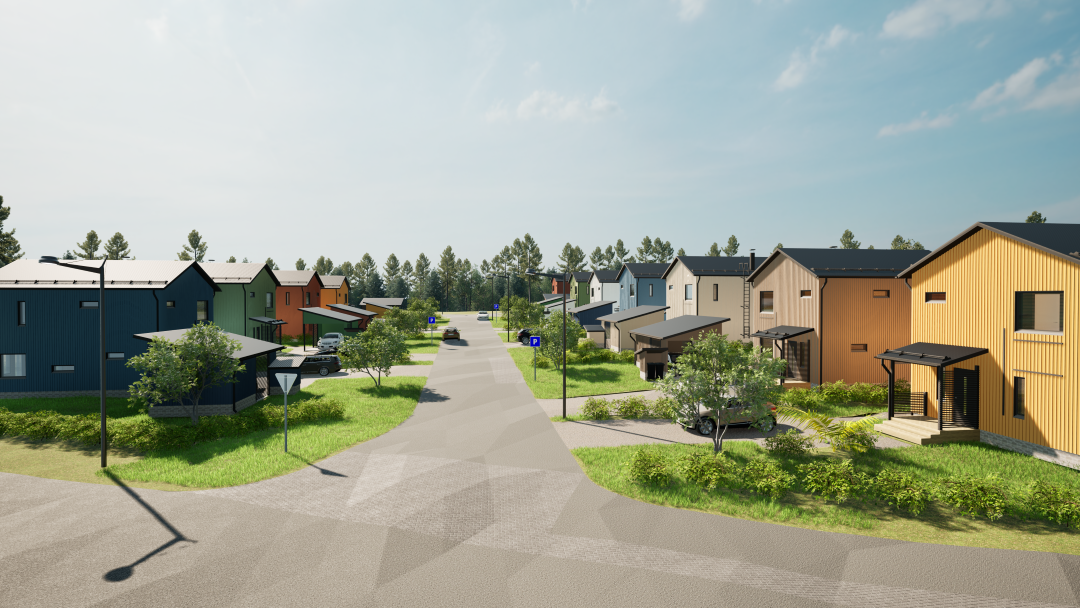 Tietokoneella luotu havainnekuva pihakadusta, jonka varrella on kaksikerroksisia erivärisiä pientaloja.