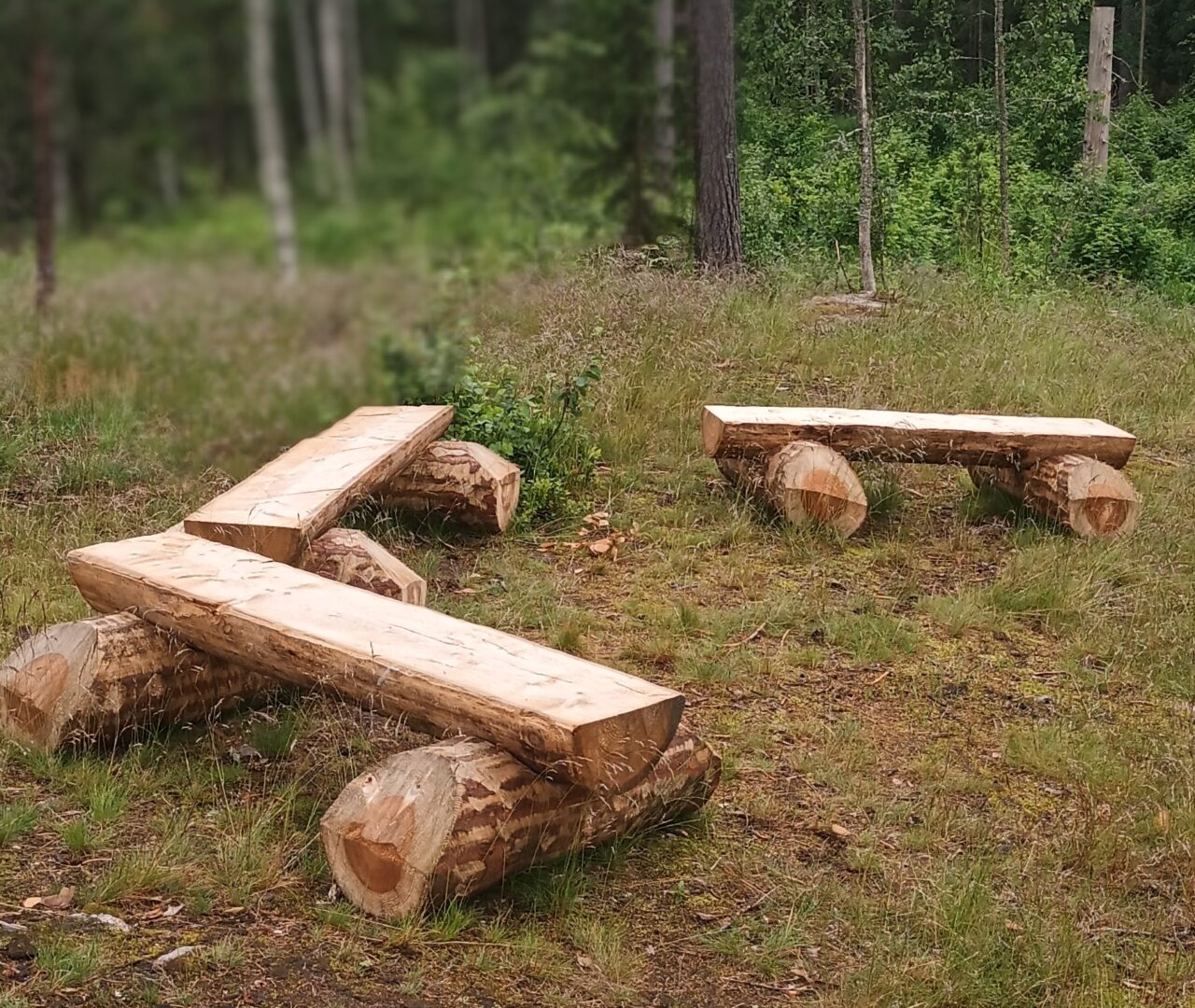 Yhdestä huoneesta löytyvät kunnan metsien tuulenkaadoista Kunnontiimin rakentamat puiset penkkiryhmät.