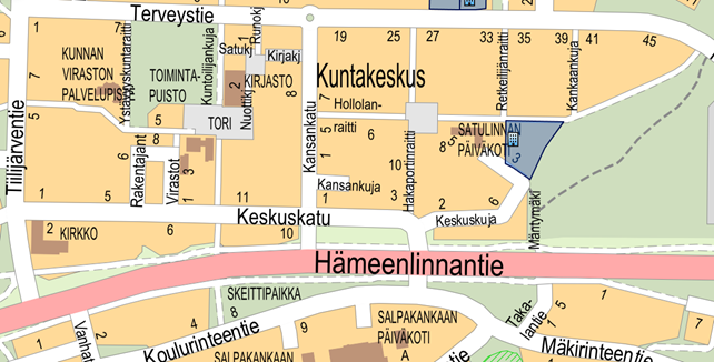 Karttakuva Hollolan kuntakeskuksesta, johon on merkitty varattavissa oleva kerrostalotontin paikka Satulinnan päiväkodin vieressä.