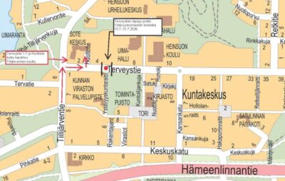 Karttakuva Terveystien työmaa-alueesta, jonka kohdalta liikenne katkaistaan tilapäisesti ja ohjeet tonteille ajosta katkon aikana.