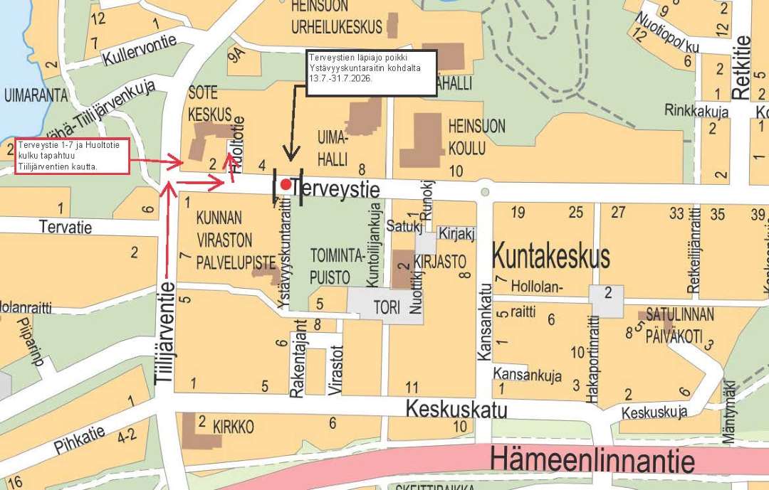 Karttakuva Terveystien työmaa-alueesta, jonka kohdalta liikenne katkaistaan tilapäisesti ja ohjeet tonteille ajosta katkon aikana.